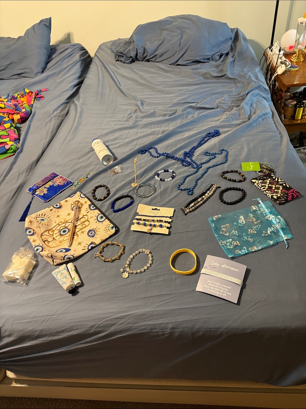 Blue Necklace ,Bracelets in blue , gold with evil eye pouch, soap, etc